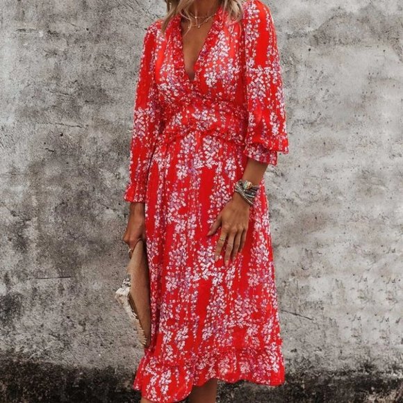 Red Floral Ditsy Ruffle Hem Dress Shabby Chic Cottagecore - Picture 5 of 5